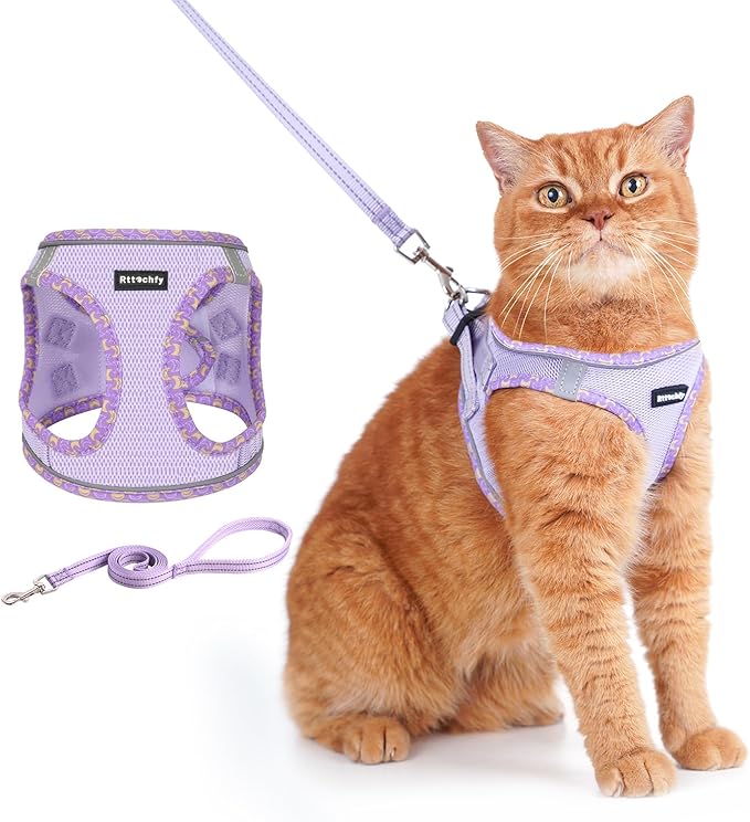 Rttochfy Cat Harness and Leash Set, Escape Proof Kitten Harness, Soft and Breathable Vest with Reflective Strip, Easy to Wear for Cats Walking and Traveling (Purple, M)