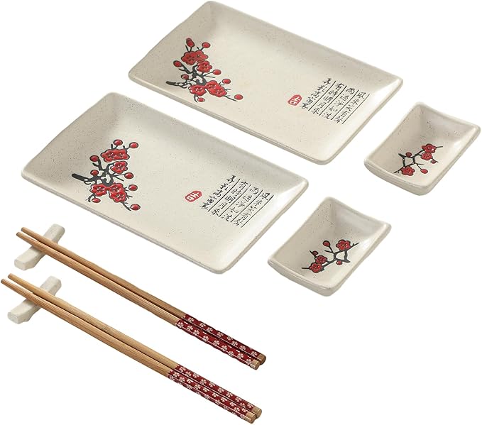 8 pcs Japanese Sushi Plate Sets Serving Platters and Trays for Entertaining Sushi Dishes Set Plates Sushi Plates Traditional Cuisine Dinnerware Sets with Chopsticks Red Plum Blossom