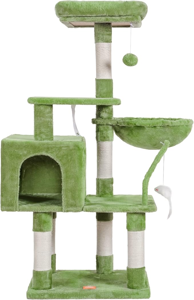 Heybly Cat Tree with Toy, Cat Tower condo for Indoor Cats, Cat House with Padded Plush Perch, Cozy Hammock and Sisal Scratching Posts, Green HCT004GR