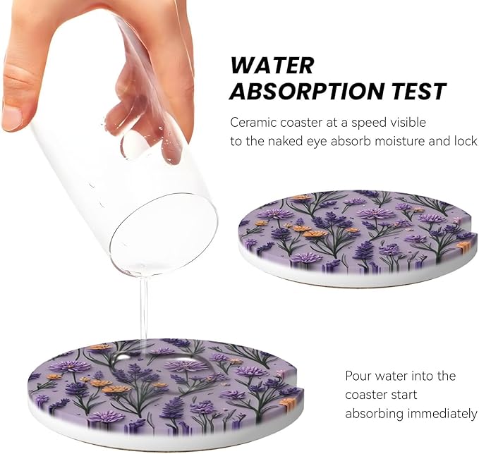 Absorbent Ceramic Car Coasters for Cup Holders, Purple Lavender Flower Design 2.56" Anti Slip Universal Drink Cup Coasters for Women Men (2 Pack)