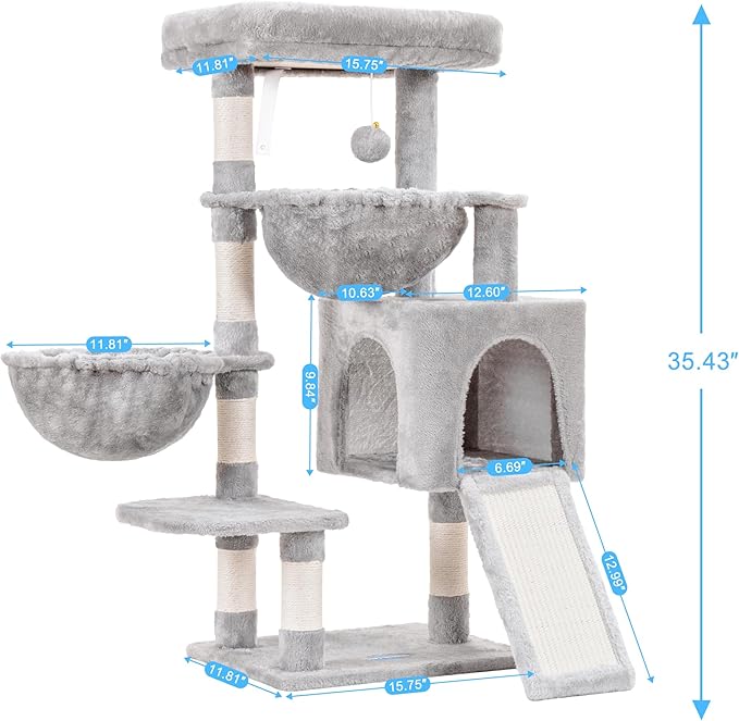 Hey-brother Cat Tree, Cat Tower for Indoor Cats, Cat House with Large Padded Bed, Cozy Condo, Hammocks, Sisal Scratching Posts, Big Scratcher, Light Gray MPJ006SW