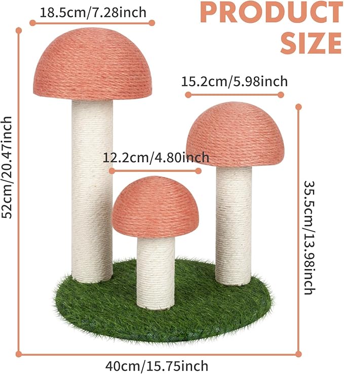 PowerKing Cat Scratching Post, Mushroom Claw Scratching Post for Cat, Natural Sisal Cat Scratchers with 3 Mushroom Pole, Cat Interactive Toys