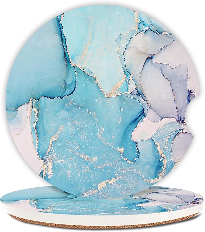 Absorbent Car Coasters 2 Pack for Cup Holders Set for Women/Men, 2.56" Ceramic Stone & Non-Scratch Cork Base Drink Coasters Golden Blue Marble.