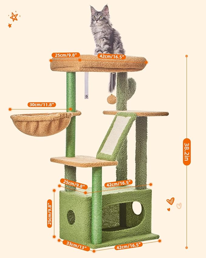 Taoqimiao Cat Tree,38.2-Inch Cat Tower for Indoor Cats,Suitable for Kittens with Luxurious cat condo with Adjustable Baskets and Luxurious Perch MS029ST Cactus