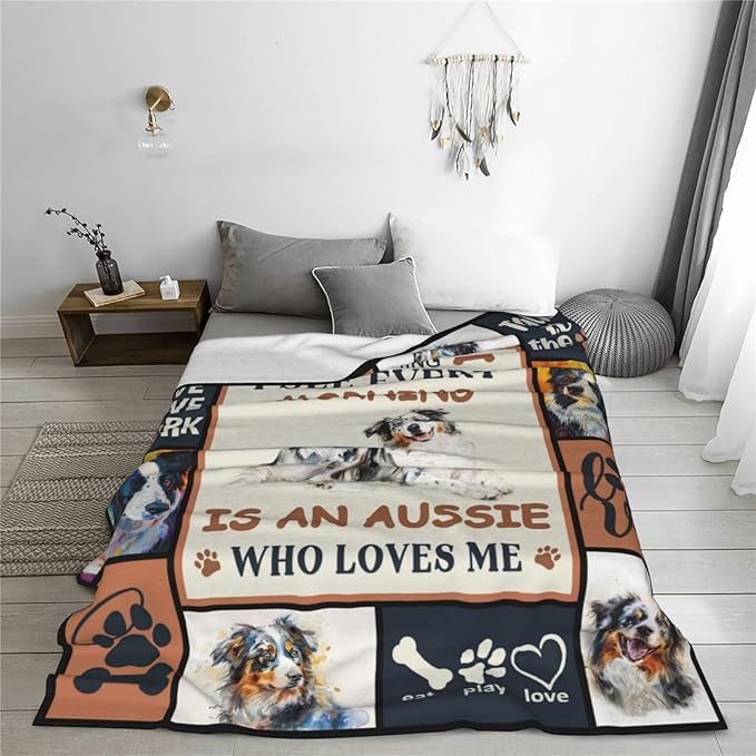 Australian Shepherd Dog Blanket Aussie Dog Decor Throw Blanket Super Warm Soft Plush Lightweight Fleece Flannel Cute Animal Blanket Gifts for Girls Women Boys Kids for Winter Couch Bedding 50"X60"