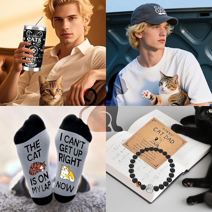 9 Pieces Cat Dad Gifts for Men, Cat Lover Gifts for Men with 20 Oz Tumbler Baseball Cap Socks Bracelet Keychain Bookmark Bottle Opener Greeting Card, Father’s Day, Birthday, Christmas Gift