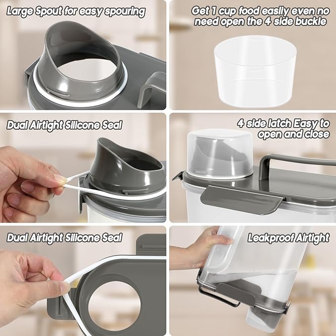 5-10LBS Rice Storage Container with Large Nozzle Design, 4 Safety Buckles, Double-Layer Sealing Strips and a Handle and Measuring Cup is Easy to Clean and Does BPA-free.