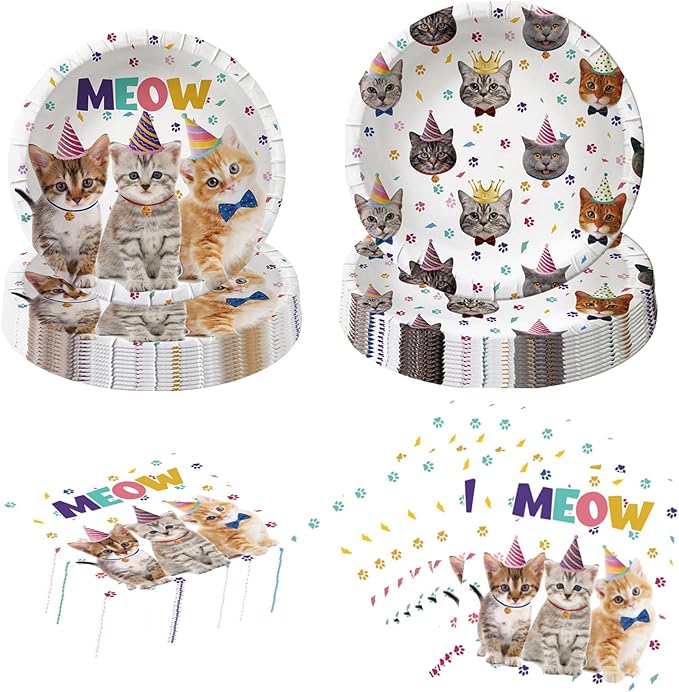 80PCS Cat Party Supplies Cat Kitten Paper Plates and Napkins Party Tableware for Kids Meow Birthday Babyshower Decorations, Serves 40
