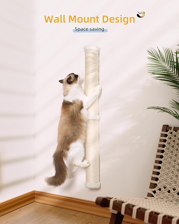 Cat Wall Scratcher, 34" Sisal Cat Scratching Post, Wall Mounted Cat Furniture for Indoor Cats, Tall and Sturdy Cat Climbing Pole for Large Cats