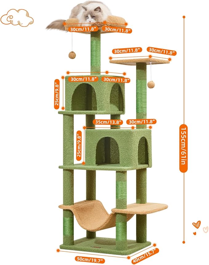 Taoqimiao Cat Tree, 61-Inch Cat Tower for Indoor Cats, Plush Multi-Level Cat Condo with 5 Scratching Posts, 2 Perches, 2 Caves, Hammock, 2 Pompoms, MS013ST Cactus