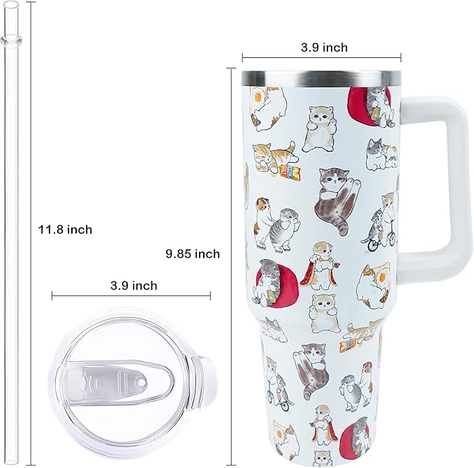 40 oz Tumbler with Handle and Straw, Stainless Steel Insulated Cup with Leak Proof Lid and Straw Lid, Keep Drinks Cold and Hot for Hours(Cat)