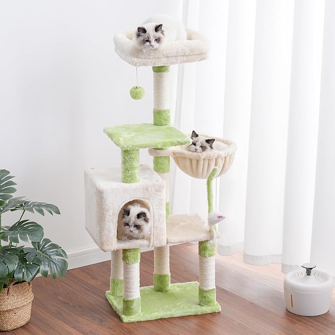 Heybly Cat Tree with Toy, Cat Tower condo for Indoor Cats, Cat House with Padded Plush Perch, Cozy Hammock and Sisal Scratching Posts, Green and Beige HCT004SGM