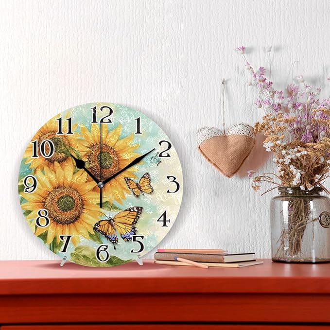 ALAZA Sunflowers Butterflies Flowers Butterfly Wall Clock Battery Operated Kitchen Clock 9.5 Inch Bathroom Clock Non Ticking Round Decorative Desk Clock Bedroom Living Room Decor