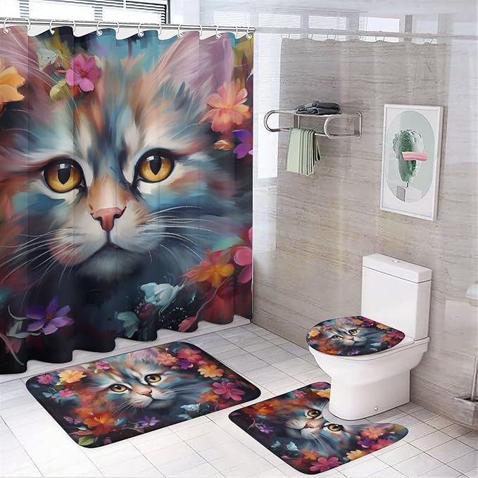 Abstract Floral Cat Shower Curtain 4 Piece Sets with Non-Slip Rugs,Toilet Lid Cover and Bath Mat Flower Cute Animal Rustic Waterproof Shower Curtain with 12 Hooks Bathroom Set Home Decor, Style-5