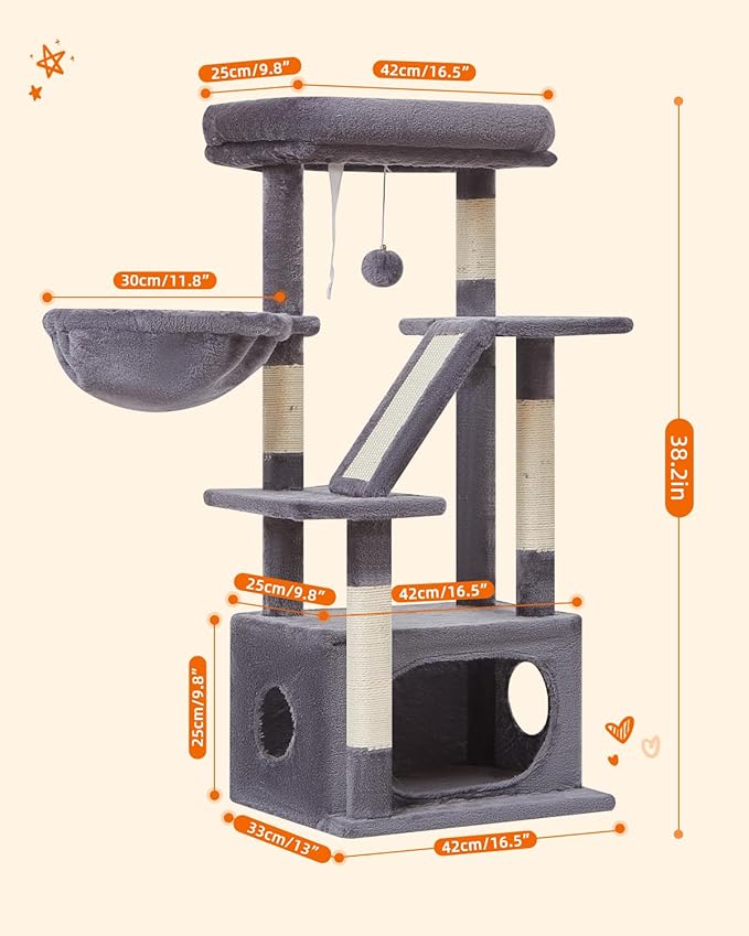 Taoqimiao Cat Tree,38.2-Inch Cat Tower for Indoor Cats,Suitable for Kittens with Luxurious cat condo with Adjustable Baskets and Luxurious Perch MS029SG Smoky Gray