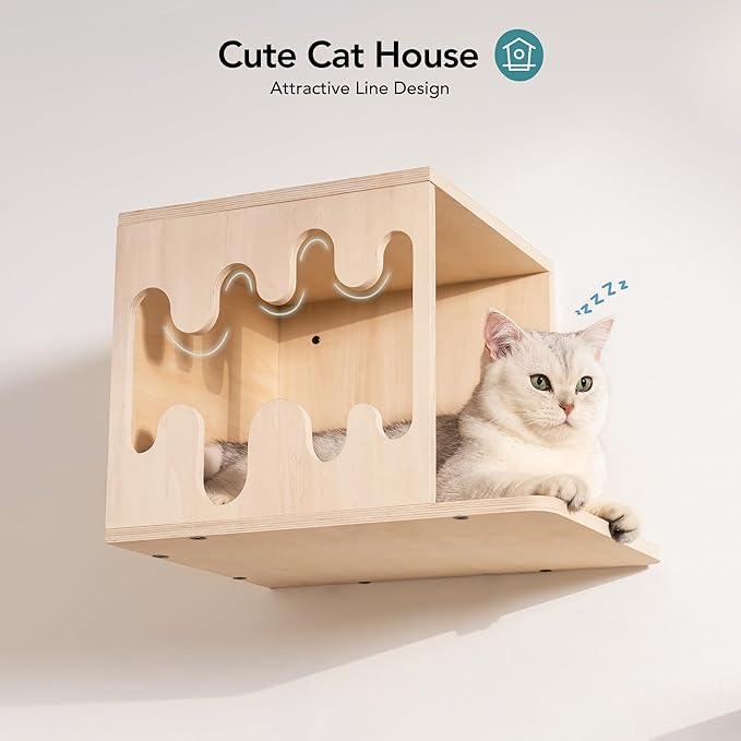 Mewoo Cat Wall Shelves, Wooden Cat Wall Furniture, Stable Cat Wall Steps, Cat House and Cat Perch for Wall Mounted, Cat Climbing Shelves Cat Ladder for Most Kittens & Adult Cats, Set of 4, Beige