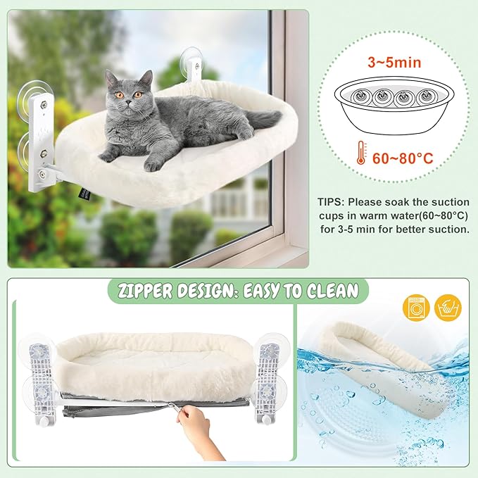 Sunhoo Cat Hammock Perch for Window Seat Bed Indoor Cats Lounger Window Sill Ledge Foldable Kitten Shelf Cordless No Drilling Washable Plush Cushion Heavy Duty Metal Frame 21 * 11.8 in Easy Assembly