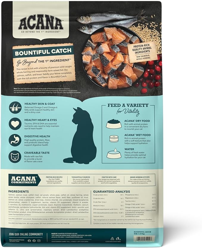 ACANA Bountiful Catch Dry Cat Food for Adult Cats, Salmon and Whole Herring Recipe, Fish Cat Food, 4lb