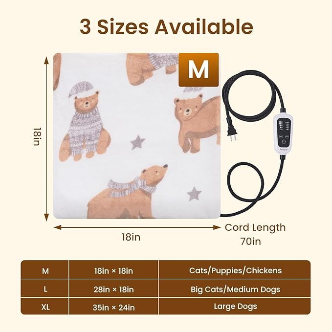 Bearhug Cat Heating Pad, Pet Heating Pad 18"×18"[Two Replaceable Cover] Adjustable Temperature Dog Heating Pad with Steel-Wrapped Cord, Waterproof and Chew-Resistant for Cats Puppies Small Animals