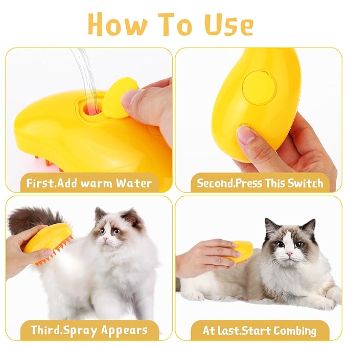 3 in 1 Steam Brush for Indoor Pets - Cat Hair Cleaning and Massage Brush Comb for Cats and Dogs (Yellow)