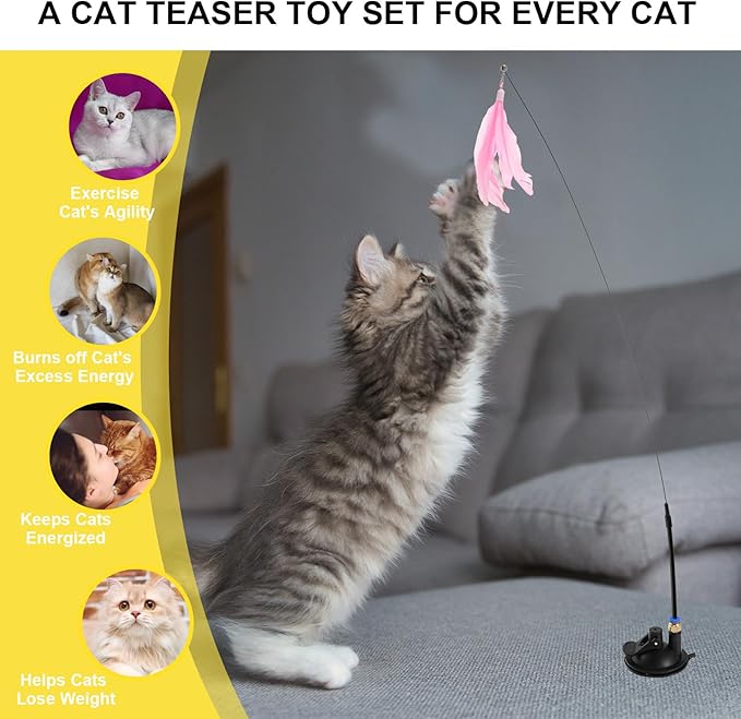 8pcs Cat Feathe Toys, Interactive Cat Toy for Indoor Cats, Suction Cup Cat Toys for Indoor Cats, Replacements Feathers Worm, Hanging Cat String Toy for Bored Indoor Kitten