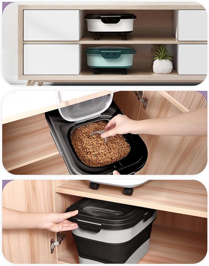 ANVS 20Lbs Dog Food Storage Container Collapsible Dog Food Container with Airtight Lids,Wheels, Scoop and 2.5L Small Pet Food Storage Container Dry Food For Dog, Cat and Other Pet Food (Black)