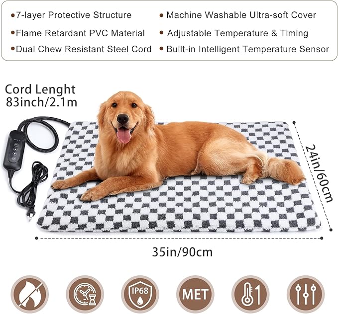 MIXJOY Pet Heating Pad, 11 Adjustable Temperature Dog Heating Pad Indoor with Timer, Heating Pad for Dogs Cats, Electric Cat Heating Pad with Washable Cover, Heated Pet bed-35''x24'', Large