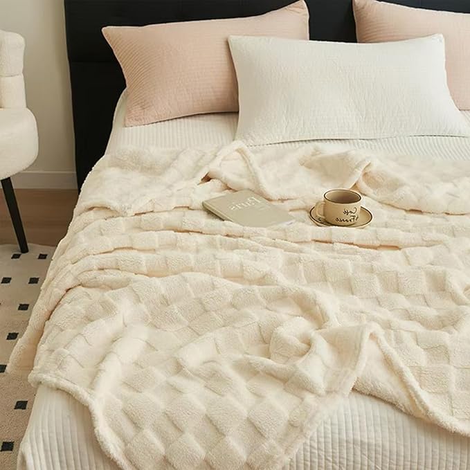 3D Fleece Checkered Blanket, Cozy Soft Warmer Comfort Lightweight for All Season, Fuzzy Aesthetic Room Decor for Couch Sofa Bed, Gifts for Christmas, Birthdays, White