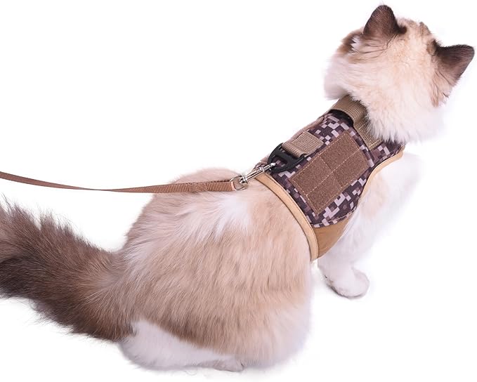 Tactical Cat Harness and Leash for Walking Escape Proof, Desert Camo, X-Large, Adjustable Cat Walking Jackets, Padded Stylish Cat Vest for Winter
