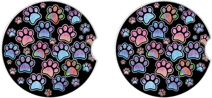 2 Pack Absorbent Car Coasters for Cup Holders,Gradient Black Dog paw Print Ceramic Coasters with Cork Back and Finger Slot,2.56" Auto Accessories for Women & Men.
