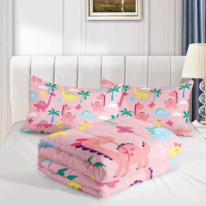 Axolotl Cute Dinosaur Comforter Set Full,Colorful Dinosaur Girls Bedding Set,Dinosaurs Print Comforter Sets Botanical Palm Trees,Butterfly Bedding Set for Kids Girls Teens,1 Quilt 2 Pillowcases,Pink