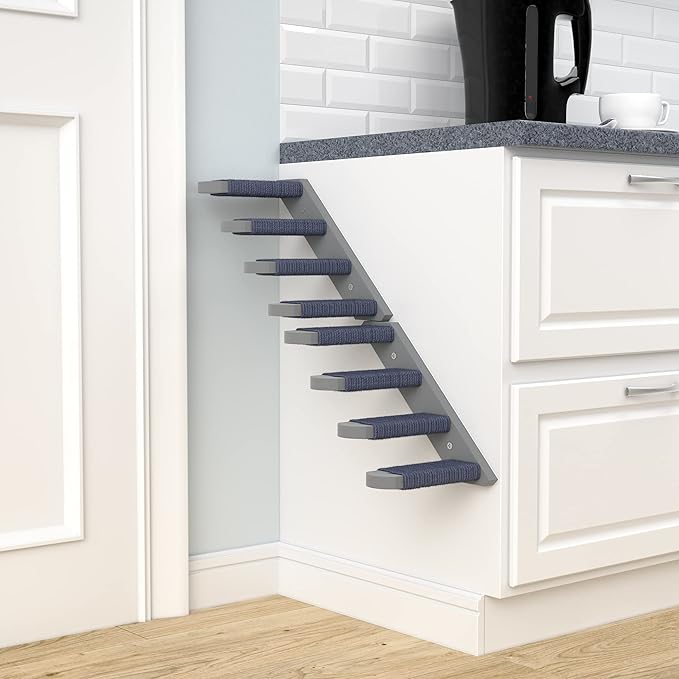Skywin Cat Steps - Grey Solid Rubber Wood Cat Stairs Great for Scratching and Climbing - Easy to Install Wall Mounted Cat Shelves for Playful Cats (Right to Left)