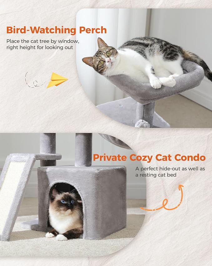 PETEPELA Small Cat Tree for Indoor Cats, 32'' Cute Cat Tower Cat Condo with Sisal Scratching Ramp, Cozy Hammock and Removable Top Bed Perch for Kittens, Grey