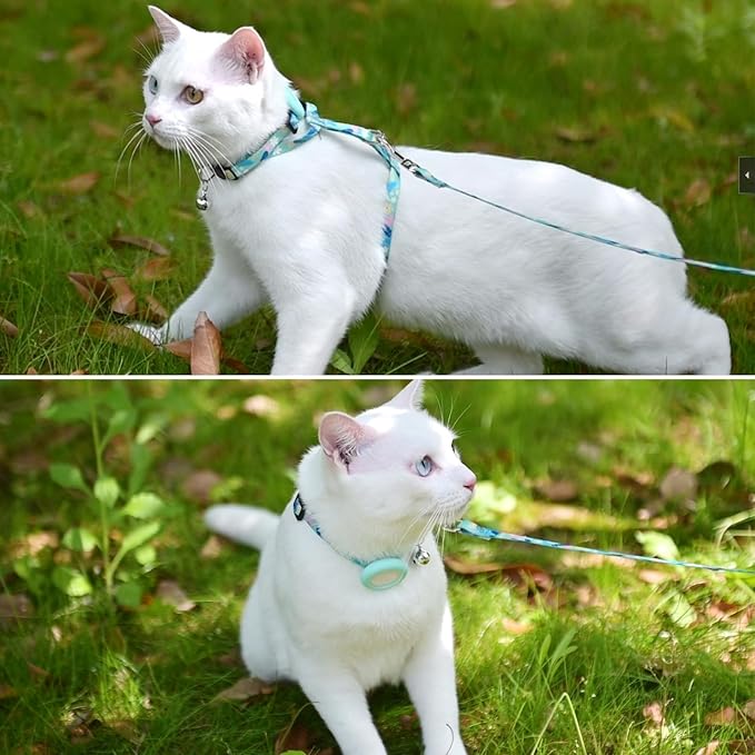 KOOLTAIL Cat Harness and Leash Set Escape Proof with Cat Airtag Holder Collars (3 in 1), Comfortable Lightweight Adjustable Kitten Harness for Small Medium Large Cats Safe Walking & Travel, Green