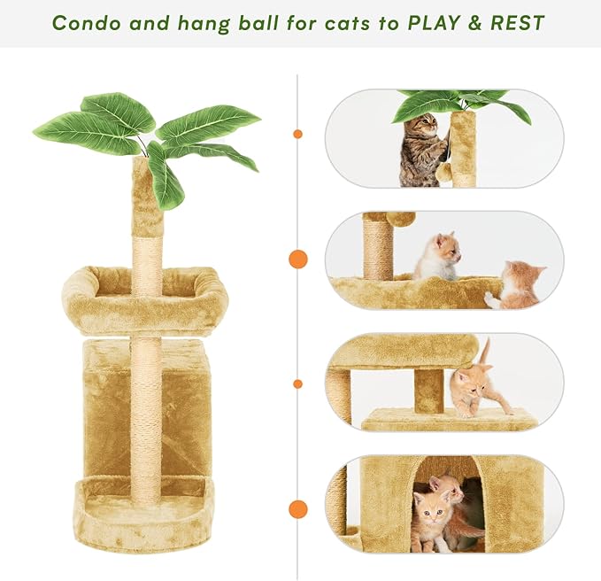 31.5" Cat Tree Cat Tower for Indoor Cats with Green Leaves, Cat Condo Cozy Plush Cat House with Hang Ball and Leaf Shape Design, Cat Furniture Pet House with Cat Scratching Posts, Beige