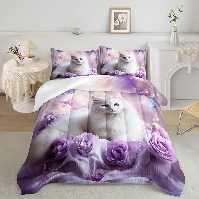 AILONEN Girls Cat Kitten Comforter Set Full Size,Purple Rose Butterfly Cat Princess Kids Bedding Set,White Cat Comforter with 2 Pillowcases,Beautiful Cat Duvet Set 3 Pieces