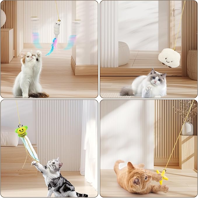 6 PCS Interactive Cat Feather Toys, Indoor Hanging Retractable Cat Toy, Self Play Toys Make Fun Excecise