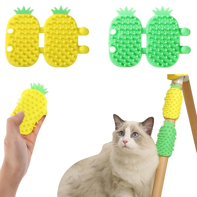 2Pcs Pineapple Cat Self Groomer and Corner Brush, Reduce Shedding, Scratching and Itchiness, Pet Tickling Artifact with Silicone Bristles, Easy Installation for Cat Dog Pet Self Cleaning Cat Brush Toy