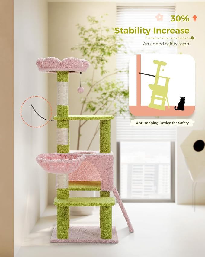 Flower Cat Tree 47.2" Multi-Level Cat Tower with Sisal Covered Scratching Posts, Cute Cat Condo for Indoor Small Medium Cats, Pink Top Perch, Ramp, Fluffy Ball, Pink