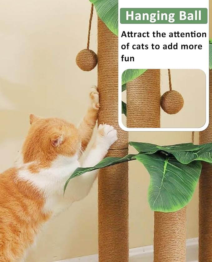BNOSDM 35" Tall Cat Scratching Posts for Adult Cats Coconut Tree 3 Sisal Rope Claw Scratcher Dangling Ball Kitten Scratch Post Kitty Activity Center for Indoor Outdoor Cats Kittens