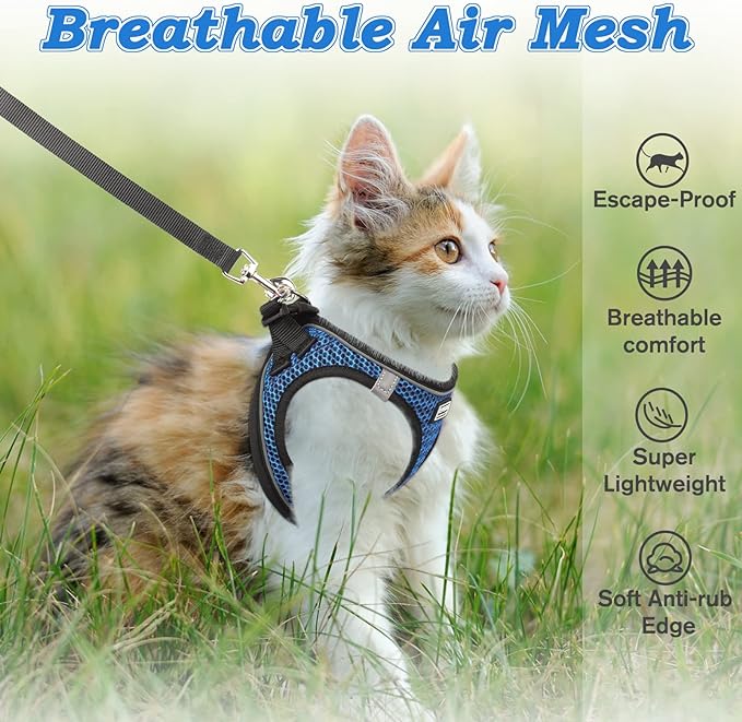 Cat Harness and Leash for Walking Escape Proof, Adjustable Kitten Vest Harness Reflective Soft Mesh Puppy Harness for Outdoor, Comfort Fit, Easy to Control (Blue, XXS)