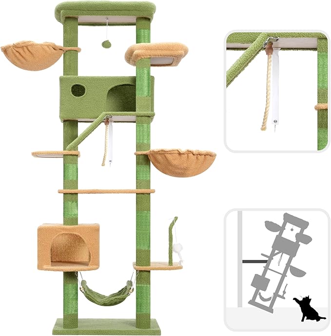 Cactus Cat Tree for Large Cats, 78.7"(200cm) Tall Cat Tower for Indoor Cats Multiple Cats with Large Top Perch, Cat Condo, Cat Hammcok, Cat Scratching Post,Green and Yellow GCT031GY