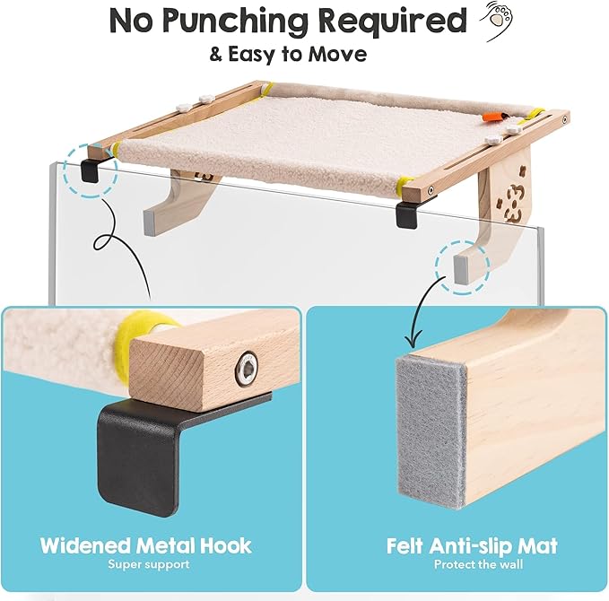 MEWOOFUN Sturdy Cat Window Perch Hammock Bed with Wood & Metal Frame for Cats Easy to Assemble for Windowsill, Bedside, Drawer and Cabinet More (Beige, M-22"x 14.5"x 6.7")