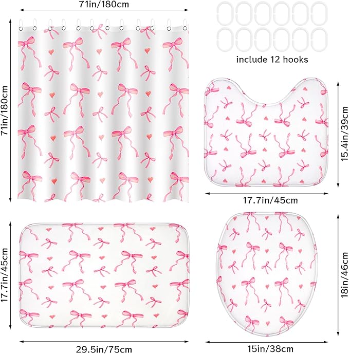 4Pcs Pink Bow Shower Curtains Set, Waterproof, 71”×71“ Washable Bathroom Decor with Non Slip Rugs, Toilet Lid Cover and Bath Mat, Cute Shower Curtain Suitable for Girly and Girls with 12 Hooks