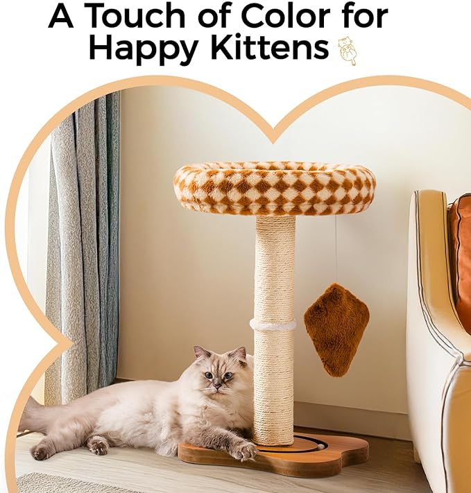 Mewoo Cat Scratching Post with Bed, Cat Tower with Cat Scratcher Post, Small Cat Tree for Indoor Cats, Sisal Cat Scratcher with Removable Cat Perch, Cat Ball Track and Kittens Toys (Brown, Medium)