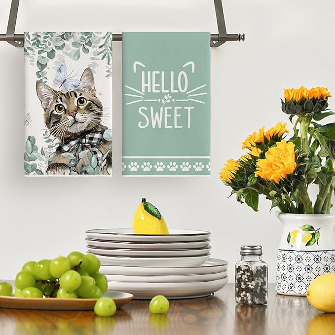 Artoid Mode Eucalyptus Leaves Cat Hello Sweet Kitchen Towels Dish Towels, 18x26 Inch Buffalo Plaid Bow Tie Holiday Decoration Hand Towels Set of 2