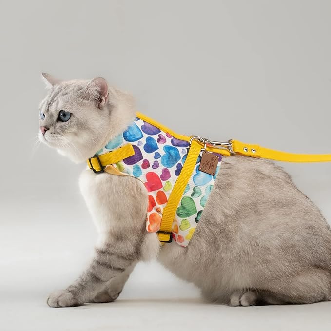 Cat Harness and Leash Set, Cats Escape Proof - Adjustable Kitten Harness for Large/Medium/Small Cats, Walking Travel Petsafe Harness (Yellow Heart, Extra Small)