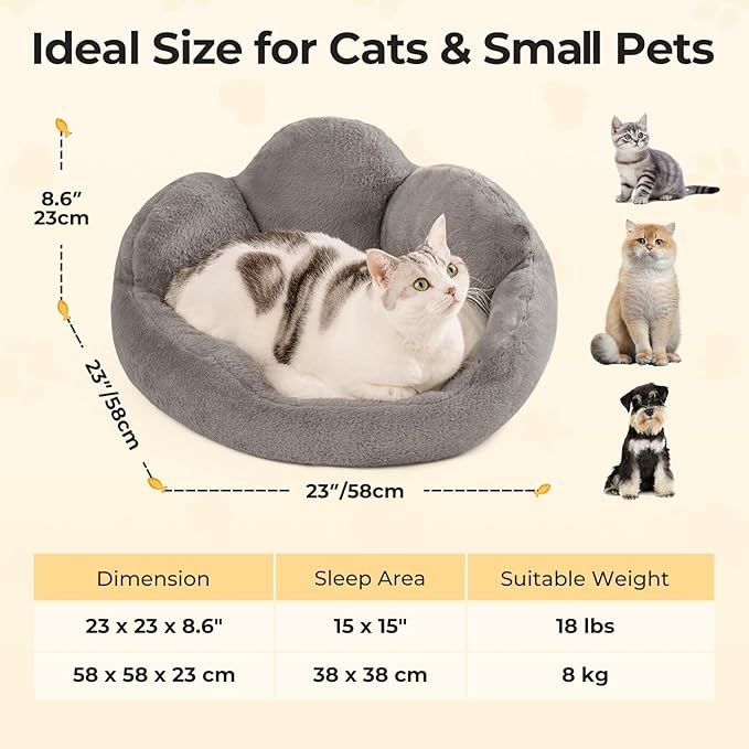 MEWOOFUN Cat Bed Kitten Bed, Washable Cat Bed for Indoor Cats Cute Cat Couch, Fluffy Flower Cat Sofa Bed, Pet Bed with Non-Slip Bottom, Small Dog Bed for Puppy and Kitten(Grey, 23")