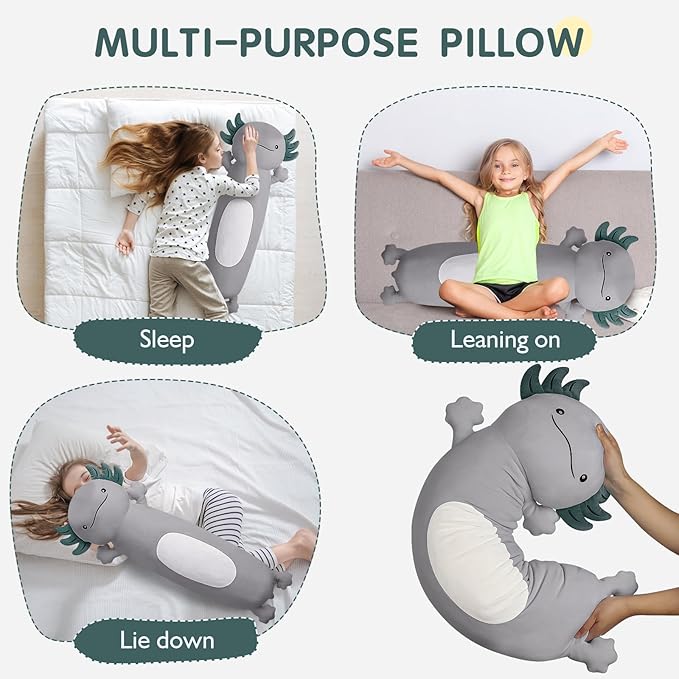36 inch Cute Giant Grey Axolotl Plush Soft Long Body Pillow, Large Squishy Plushies Axolotl Stuffed Animals Toy, Gifts for Kids Boys Girls Birthday