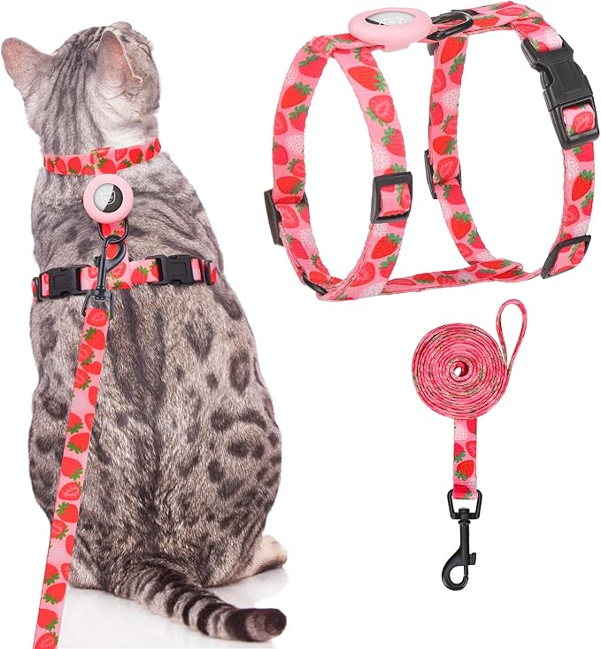 SCENEREAL Cat Harness and Leash Set Escape Proof with Airtag Holder, Adjustable Kitten Big Cats Vest Harness for Walking Outdoor Indoor, Adjustable Soft Strip for Small Large Cats Boys Girls Puppy